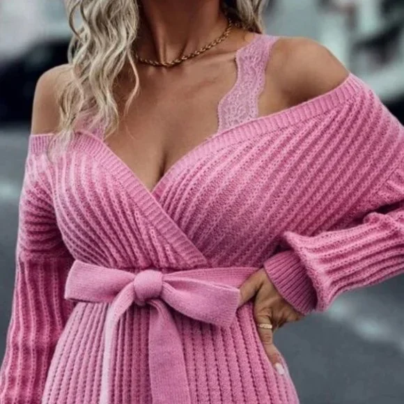 Lace Detailed Cold Shoulder Long sleeve Belted Sweater Dress Pink - Picture 5 of 9